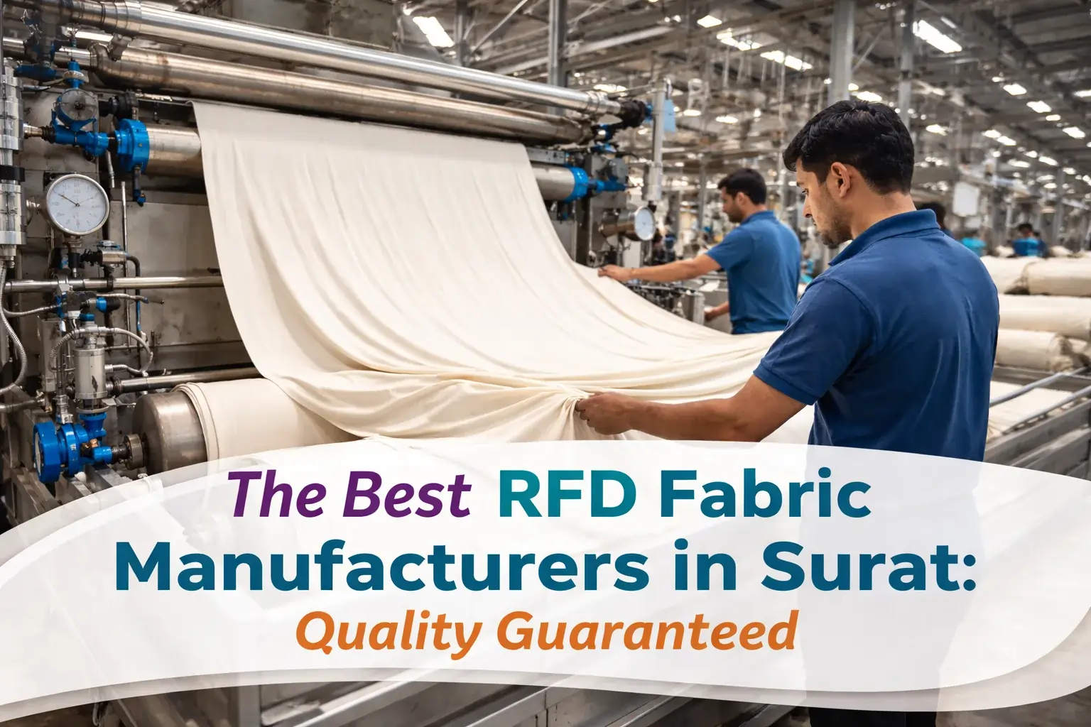 Close-up of RFD fabric processing at a Surat textile factory, highlighting high-quality manufacturing for guaranteed results.